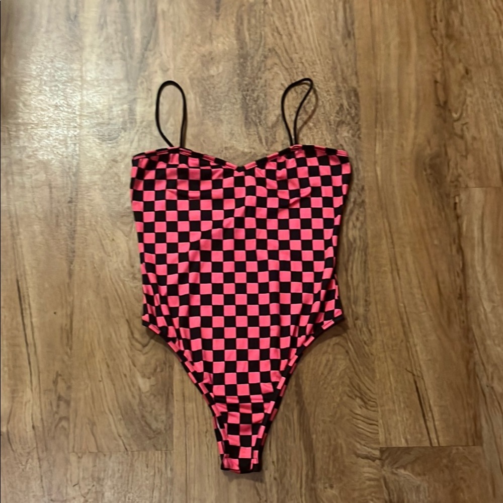 Trendy Pink and Black Checkered Bodysuit